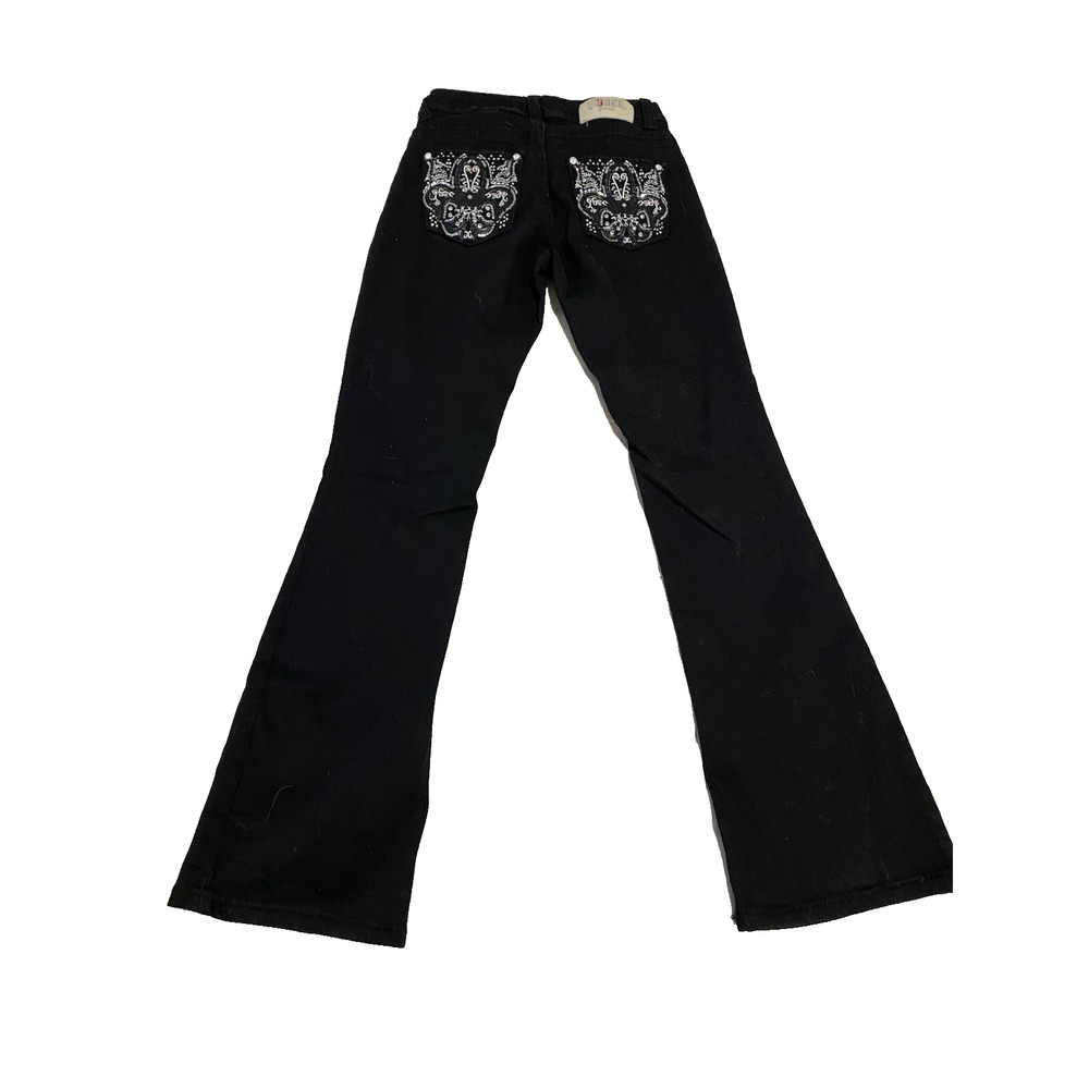 Rebel Jeweled & Beaded Womens Jeans Size 3 Black Denim Mid-Rise Wide Leg 26x31.5